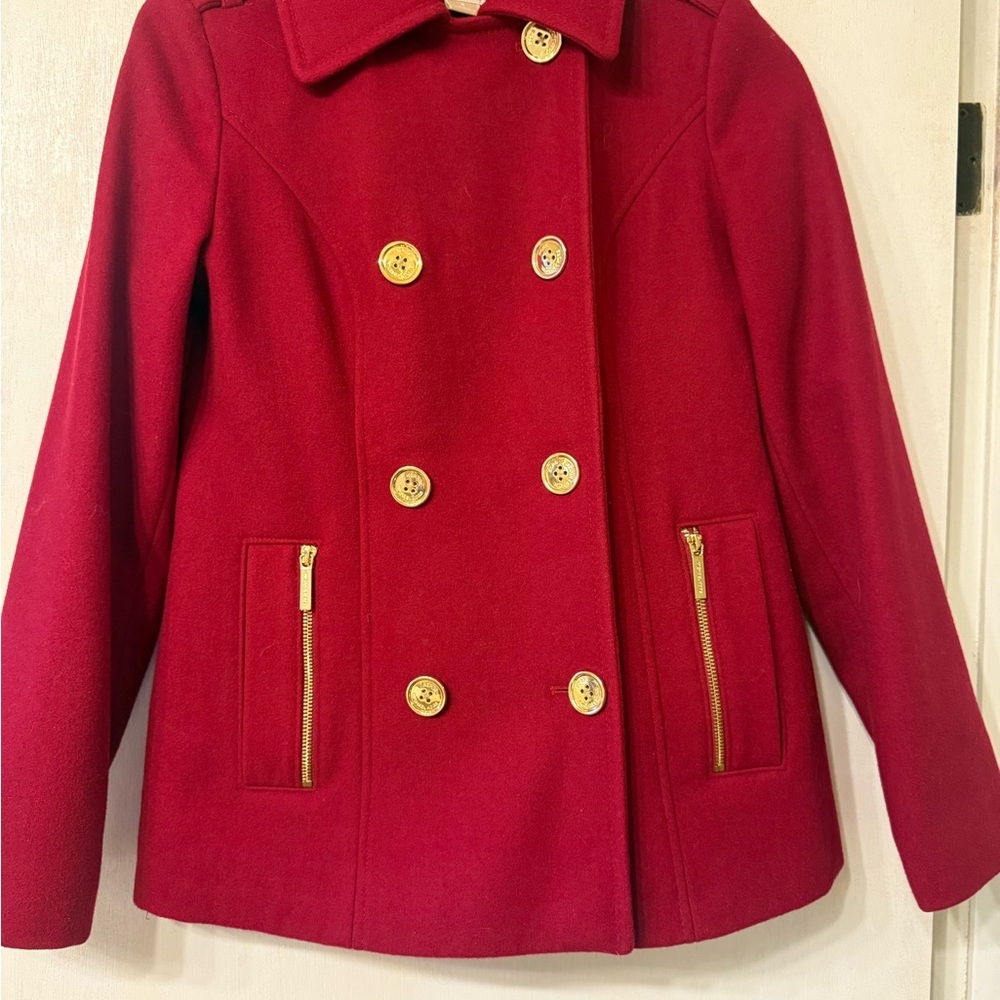 Michael Kors Red‎ Pea Coat with Gold Accents